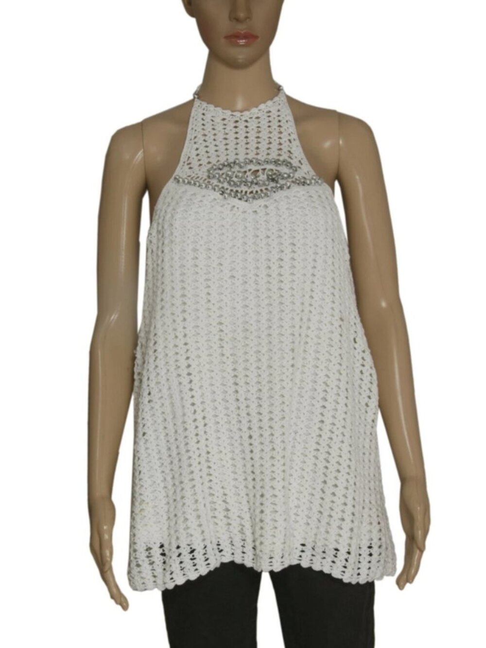 Anthropologie Crochet Silver Beaded White Beach Backless Halter Top M